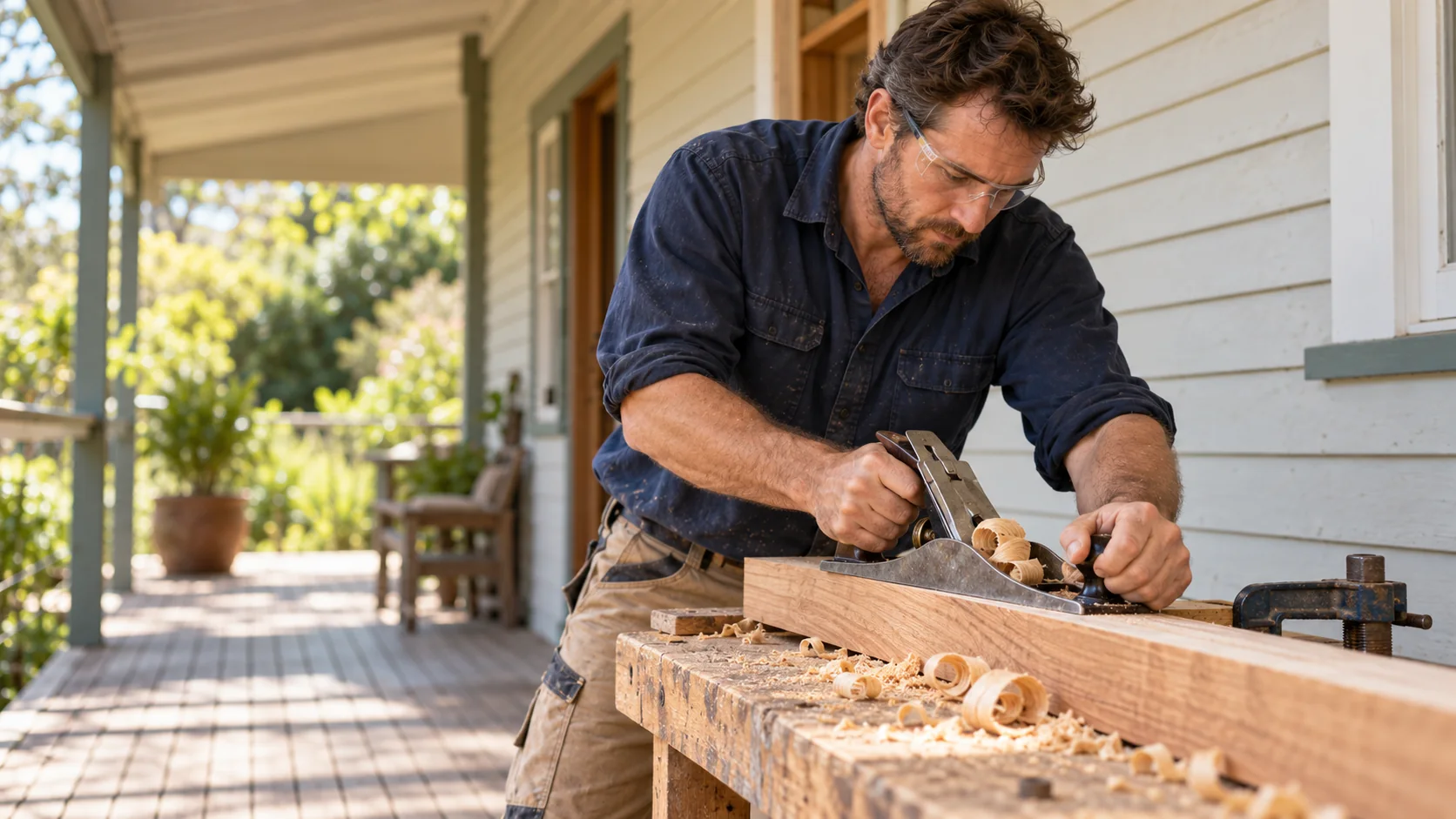 Tradesman hand-planing timber at a workbench beside a house.